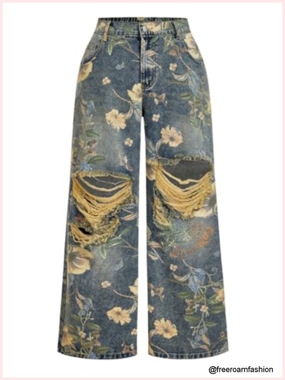 Plus Size Floral Ripped Wide Leg Jeans Distressed Baggy Denim Pants